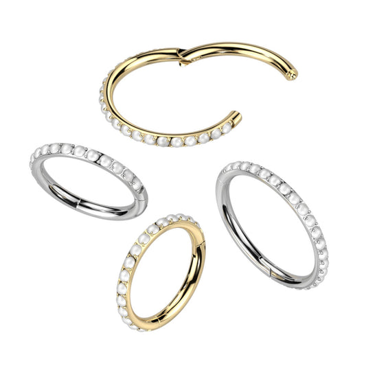 Hinged Segment Hoop Ring Lined With Outward Facing Pave Pearls