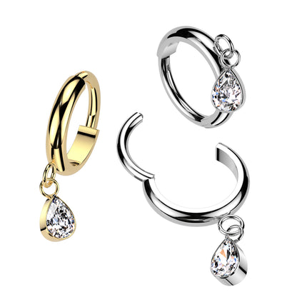 Dome Segment Ring With Teardrop CZ Dangle