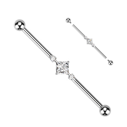 Industrial Barbell With Square CZ Center and 2 Round CZs