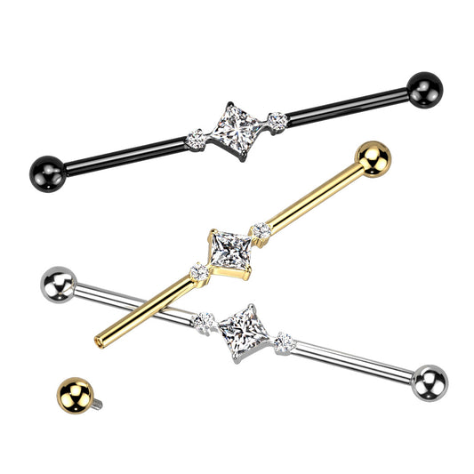 Industrial Barbell With Square CZ Center and 2 Round CZs