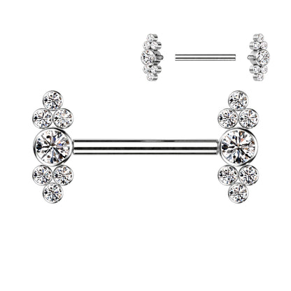 Nipple Barbell With Bezel Set CZ Center and Trinity CZ Clusters