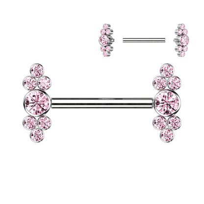 Nipple Barbell With Bezel Set CZ Center and Trinity CZ Clusters