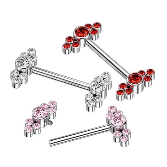 Nipple Barbell With Bezel Set CZ Center and Trinity CZ Clusters