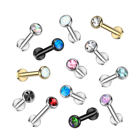 Labret With Flat Bezel Set Crystal or Opal Top