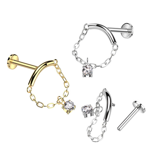 Labret with Chain Linked Curved Bar and CZ Dangle Top