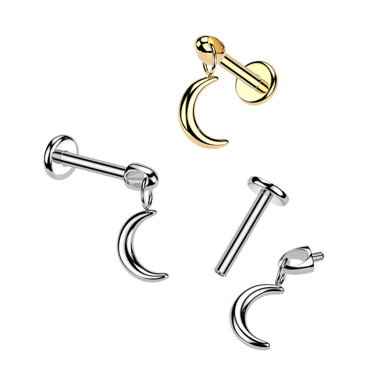 Flat Back Labret With Crescent Moon Dangle