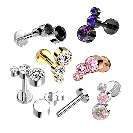 Labret With Descending Bezel Set 3 CZ Curved Top
