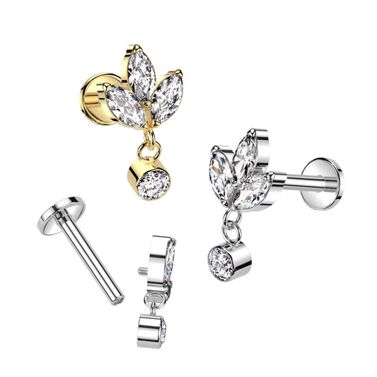 Labret with 3 Marquise CZ with Round Bezel Set CZ Dangle Top