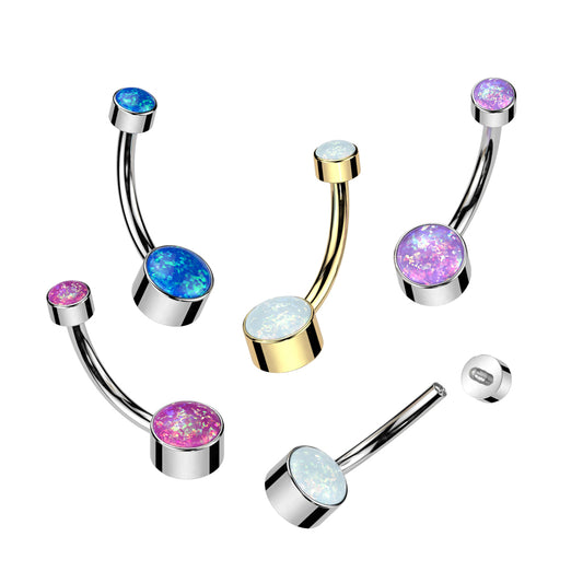 Round Bezel Set Double Opal Navel Bar