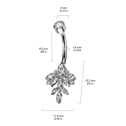 Navel Bar Bezel Set CZ Top With Marquise Leaf CZ Vine