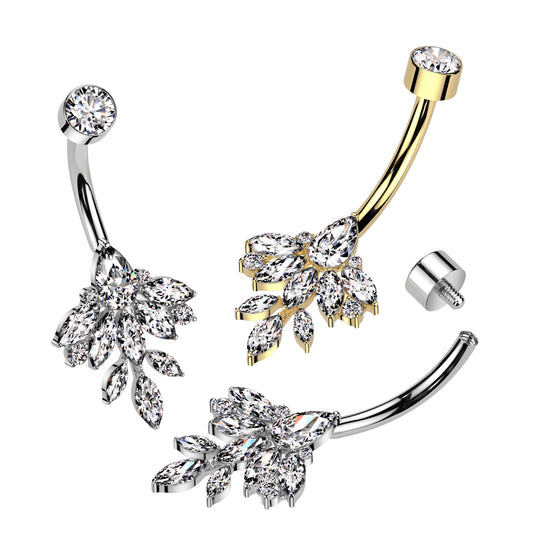 Navel Bar Bezel Set CZ Top With Marquise Leaf CZ Vine