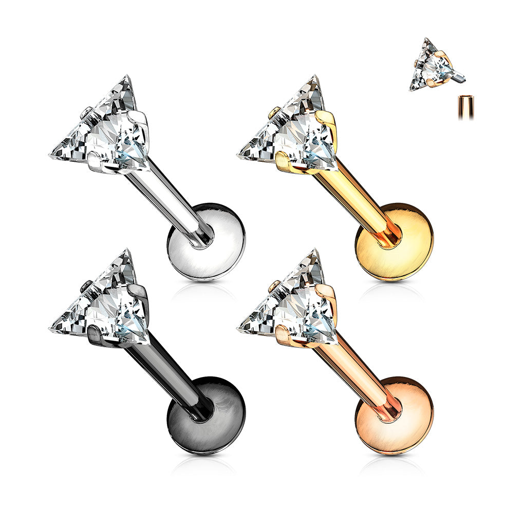 Triangle CZ Prong Set Labret, Flat Back Studs