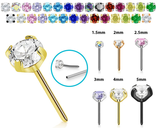 Threadless push pin top prong set round Cubic Zirconia stone